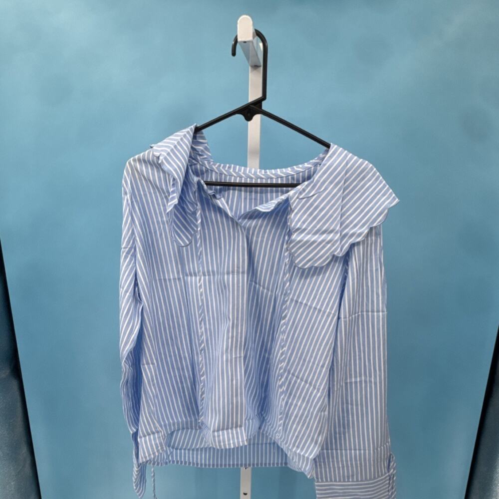 Women's Blue/White Striped Ruffle Top Blouse  Tie-Neck Long Sleeve Cotton Size L